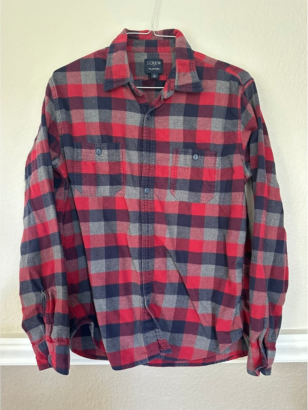 J.Crew Flannel Mens L Long Sleeve Button Up Shirt Red Navy Gray Buffalo Check